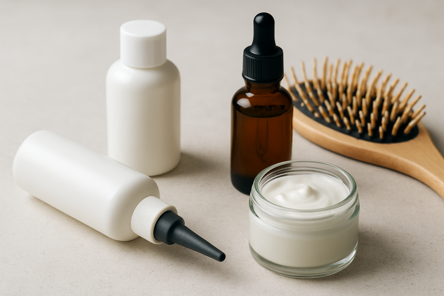 Assortment of hair care products including bottles and a styling brush